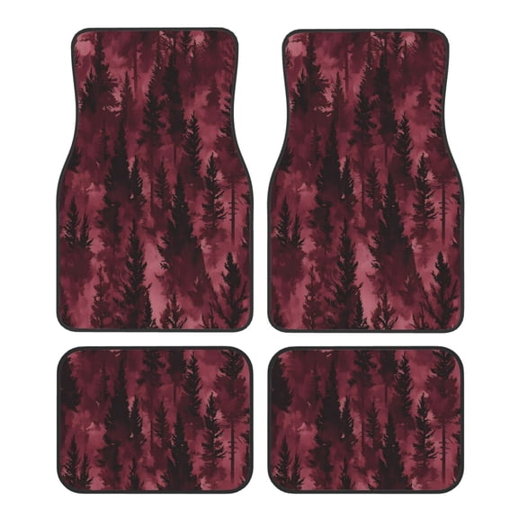 Car Foot Mat Four Piece Set Crystal Velvet Non Slip Bottom Quick Install Easy To Clean Protect Interior Fit Most Cars Trucks Suvs Realistic Forests Camouflage Pattern Conifer Maroon_3