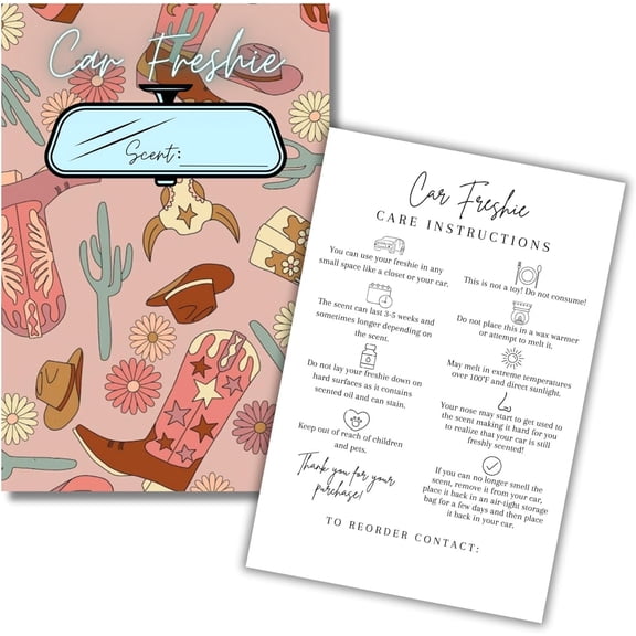 Car Freshie Insert Cards 50 pk 4x6 Cowgirl Western Skull Cactus, fits in 5x7 for Holographic Bags Freshie Scent Label Care Instruction Cardstock