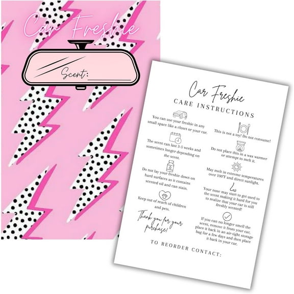Car Freshie Insert Cards 50 pk 4x6 Lightning Bolt Polka Dot Irregular fits in 5x7 for Holographic Bags Freshie Scent Label Care Instruction Cardstock