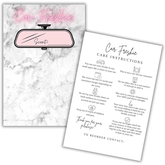 Car Freshie Insert Cards 50 pk 4x6 Marble Modern Pink Neon, fits in 5x7 for Holographic Bags Freshie Scent Label Care Instruction Cardstock