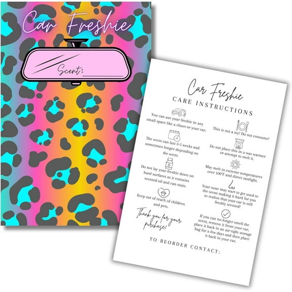 Car Freshie Insert Cards 50 pk 4x6 Rainbow Leopard Western, fits in 5x7 for Holographic Bags Freshie Scent Label Care Instruction Cardstock