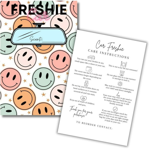 Car Freshie Insert Cards 50 pk 4x6 Smiley Face Boho Retro fits in 5x7 for Holographic Bags Freshie Scent Label Care Instruction Cardstock