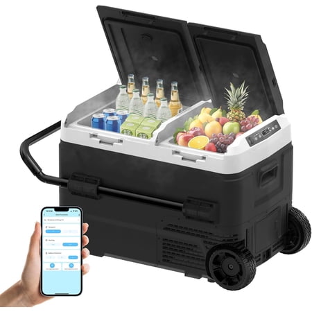 Car Fridge, Dual Zone Dual Temperature Control Fridge Freezer for Car, APP Control, 4?-68?, 12/24V DC 100~240V AC, Wheels, Portable Car Refrigerator for Camping, Picnic, Travel (42QT)