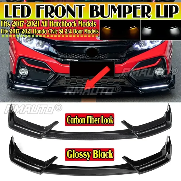 Car Front Bumper Lip Splitter Diffuser Lip Spoiler With LED Day Light Protector For Honda Civic Si/HATCHBACK 2017-2021 Body Kit