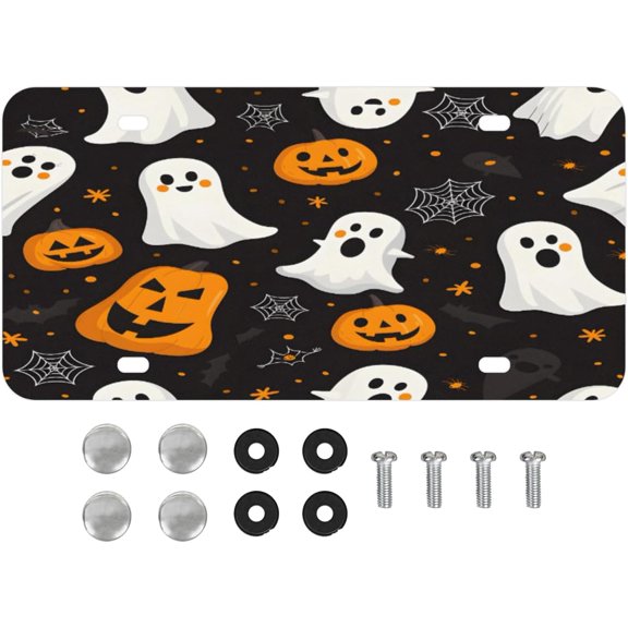 Car Front License Plate - Halloween Ghosts with Pumpkin Design, Decorative Auto Tag, Aluminum Metal, 4-Hole, 6 x 12 Inch