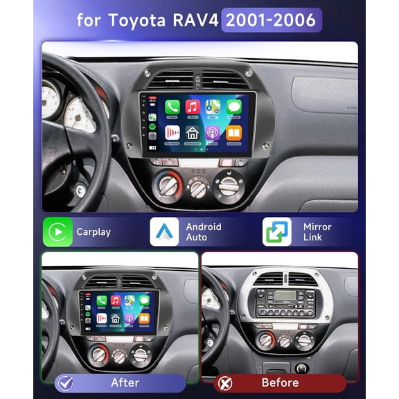 Car GPS Navigation 9-inch Stereo Radio Android 15 for Toyota RAV4 2001-2006Base Mid High Trim Levels Car Player with Carplay Android Auto WiFi Bluetooth Backup Camera Support 4+64G RDS/AM/FM