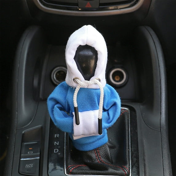 Car Gear Shift Hoodie, Gear Shift Knob Cover, Mini Hoodie For Auto Shifter, Car Shifter Stick Protector Decoration, Auto Interior Accessories-Blue and white color blocking(White hat)