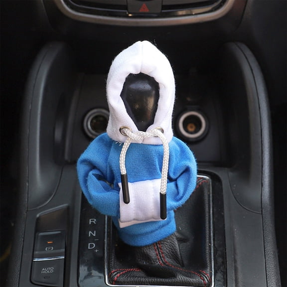 Car Gear Shift Hoodie, Gear Shift Knob Cover, Mini Hoodie For Auto Shifter, Car Shifter Stick Protector Decoration, Auto Interior Accessories-Blue and white color blocking(White hat)