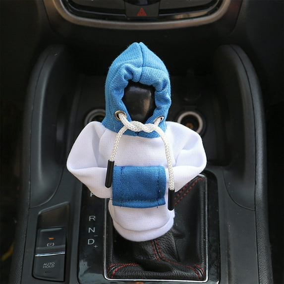 Car Gear Shift Hoodie, Gear Shift Knob Cover, Mini Hoodie For Auto Shifter, Car Shifter Stick Protector Decoration, Auto Interior Accessories-Blue and white color blocking(Blue hat)