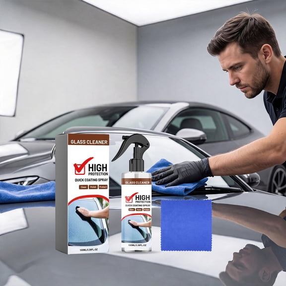 Car Glass Coating Cleaner Spray, Windshield Water Repellent with Hydrophobic Coating Streak Free Shine and Glass Polish Kit, for Windshields Side Windows Rearview Mirrors and Motorcycles