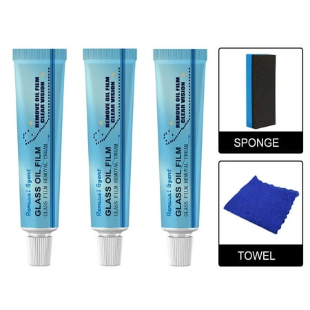 Car Glass Oil Film Cleaner, Glass Oil Film Remover for Car with Sponge, Water Stain Cleaner Oil Film Removal Cream for Bathroom Window Clear Vision(3 pcs)