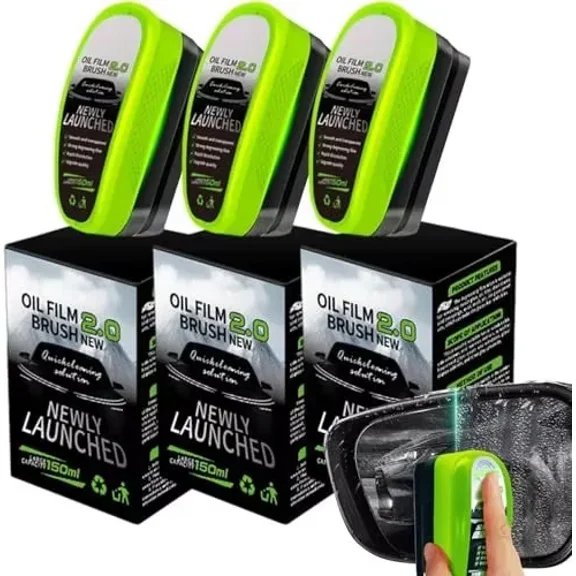 Car Glass Oil Film Removal Brush 2.0, Integrated Design with 150ml Solution, 3 Packs