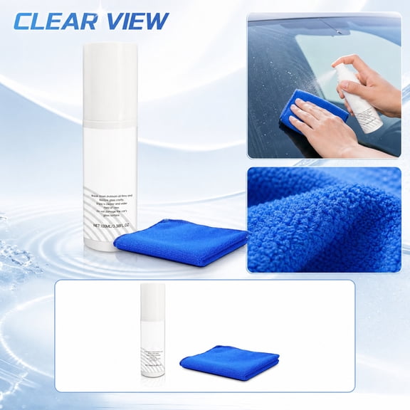 Car Glass Oil Film Remover, Windshield Cleaner, 3.38 Fl Oz Automotive Glass with Car Microfiber Towel, Streak Free Solution for Auto Window Stains Water Spots, 2 Piece Set