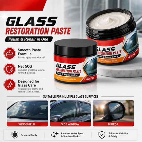 Car Glass Polish, Car Glass Repair, Windshield Crack Repair, Water Spot Remover, Haze Remover, 2 X 2 Inch 50G Repair Paste Kit with 1 Included Car Sponge, for at Home Diy Car