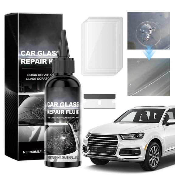 Car Glass Repair Kit, Windshield Crack Repair Kit, Glass Scratch Remover Kit, Quick Fix Automotive Windshield Repair Fluid, DIY Car Glass Repair Tool with Pads & Scraper, Fixes Chips Scratches