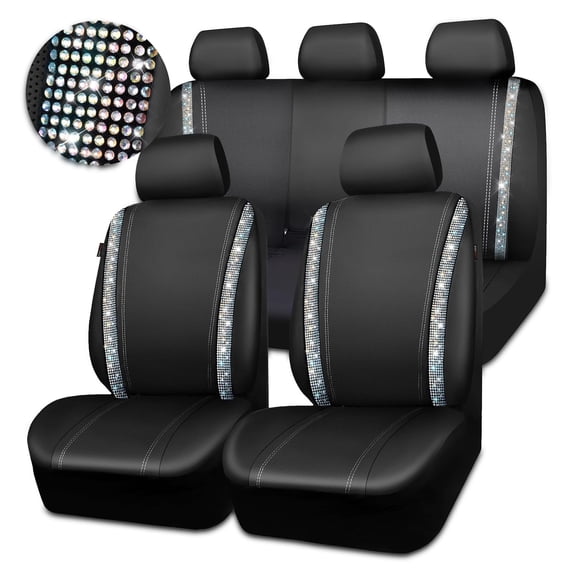 Car-Grand Bling Diamond Rhinestone Leather car seat covers full set waterproof universal shinning glitter crytal sparkle fit automotivve truck SUV Cute girl femal Multicolor