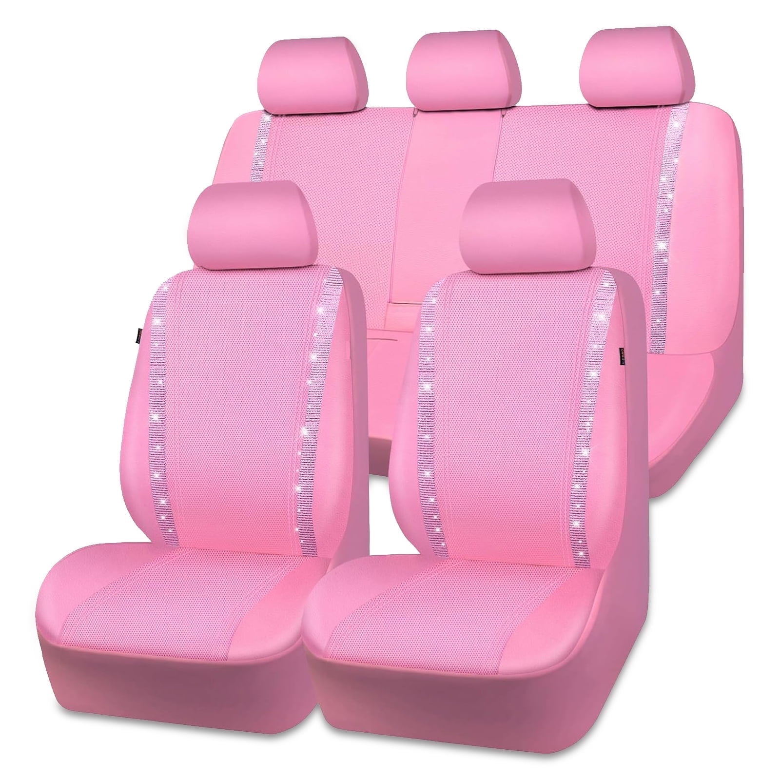 Car-Grand Bling Diamond Rhinestone Leather car seat covers full set waterproof universal shinning glitter crytal sparkle fit automotivve truck SUV Cute girl femal All Pink