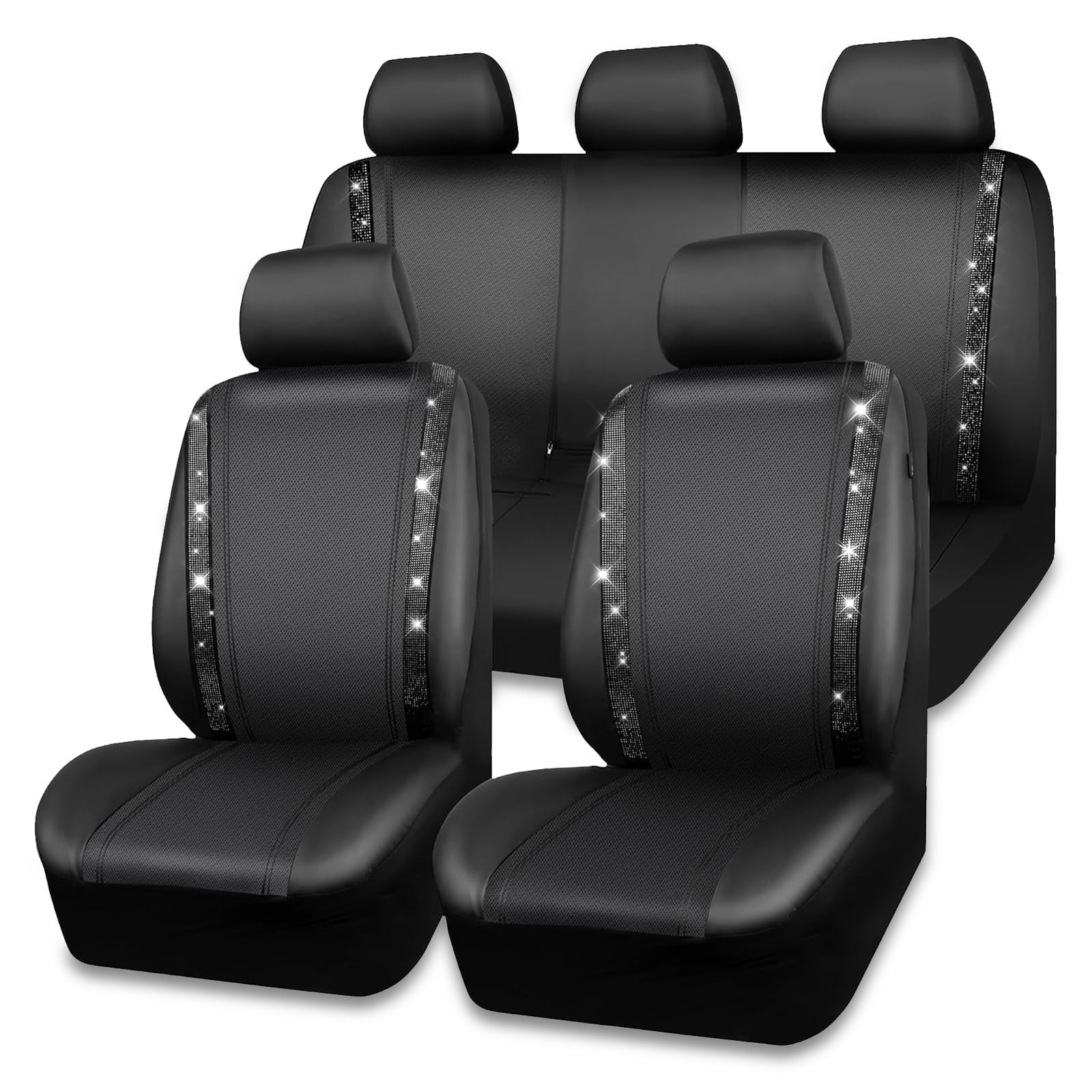 Car-Grand Bling Diamond Rhinestone Leather car seat covers full set waterproof universal shinning glitter crytal sparkle fit automotivve truck SUV Cute girl femal Black