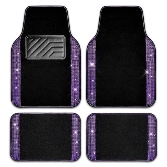 Car-Grand Bling Rhinestone Diamond car floor mats shining carpet sparkly glitter crytal with anti-slip heel waterproof universal fit cute girl women 4pcs Purple