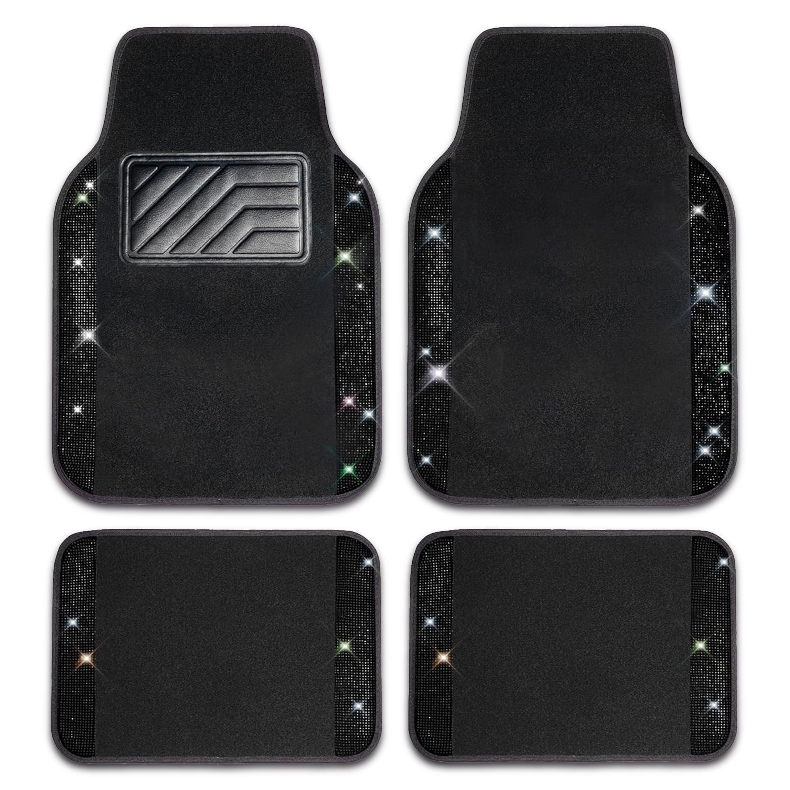 Car-Grand Bling Rhinestone Diamond car floor mats shining carpet sparkly glitter crytal with anti-slip heel waterproof universal fit cute girl women 4pcs Black