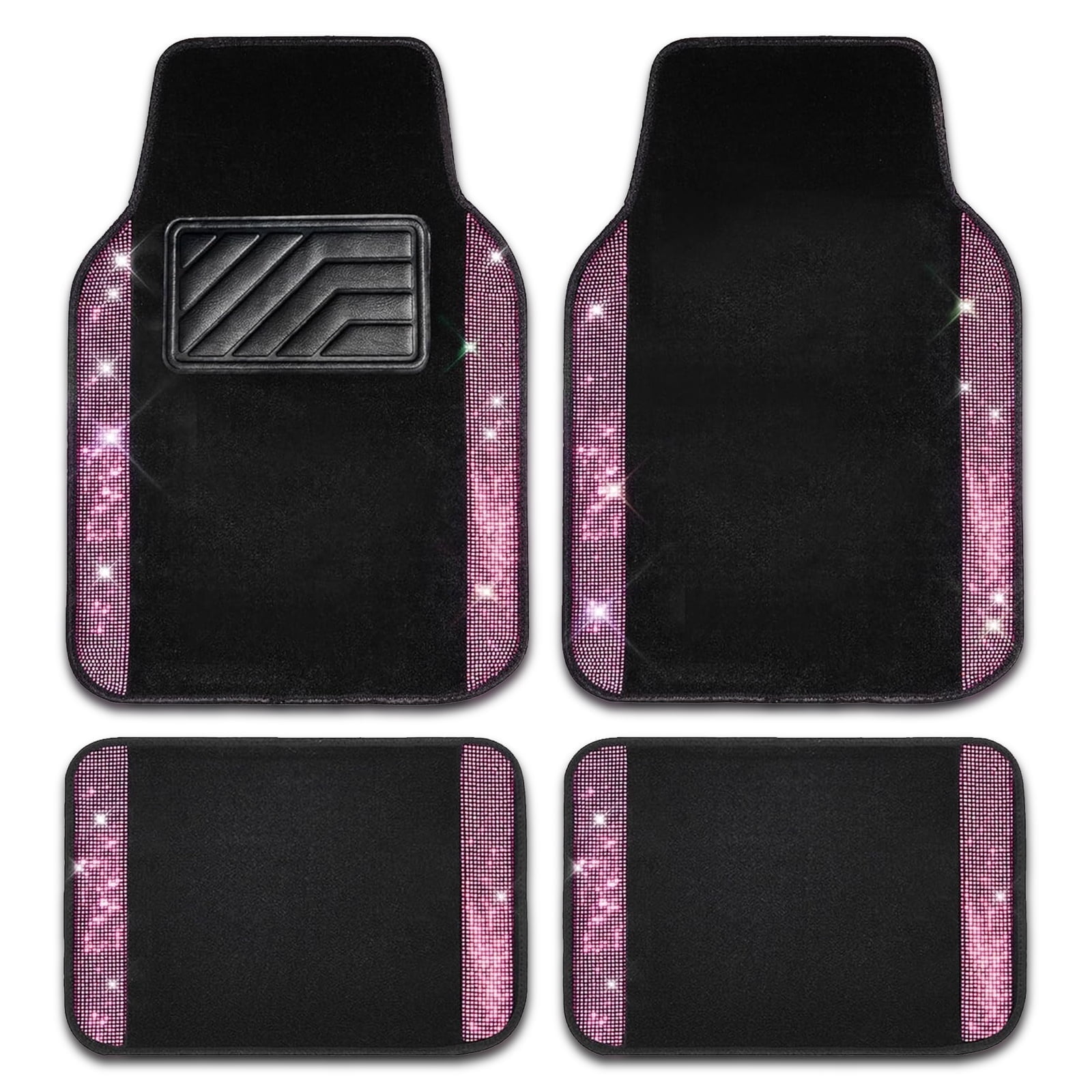 Car-Grand Bling Rhinestone Diamond car floor mats shining carpet sparkly glitter crytal with anti-slip heel waterproof universal fit cute girl women 4pcs Pink