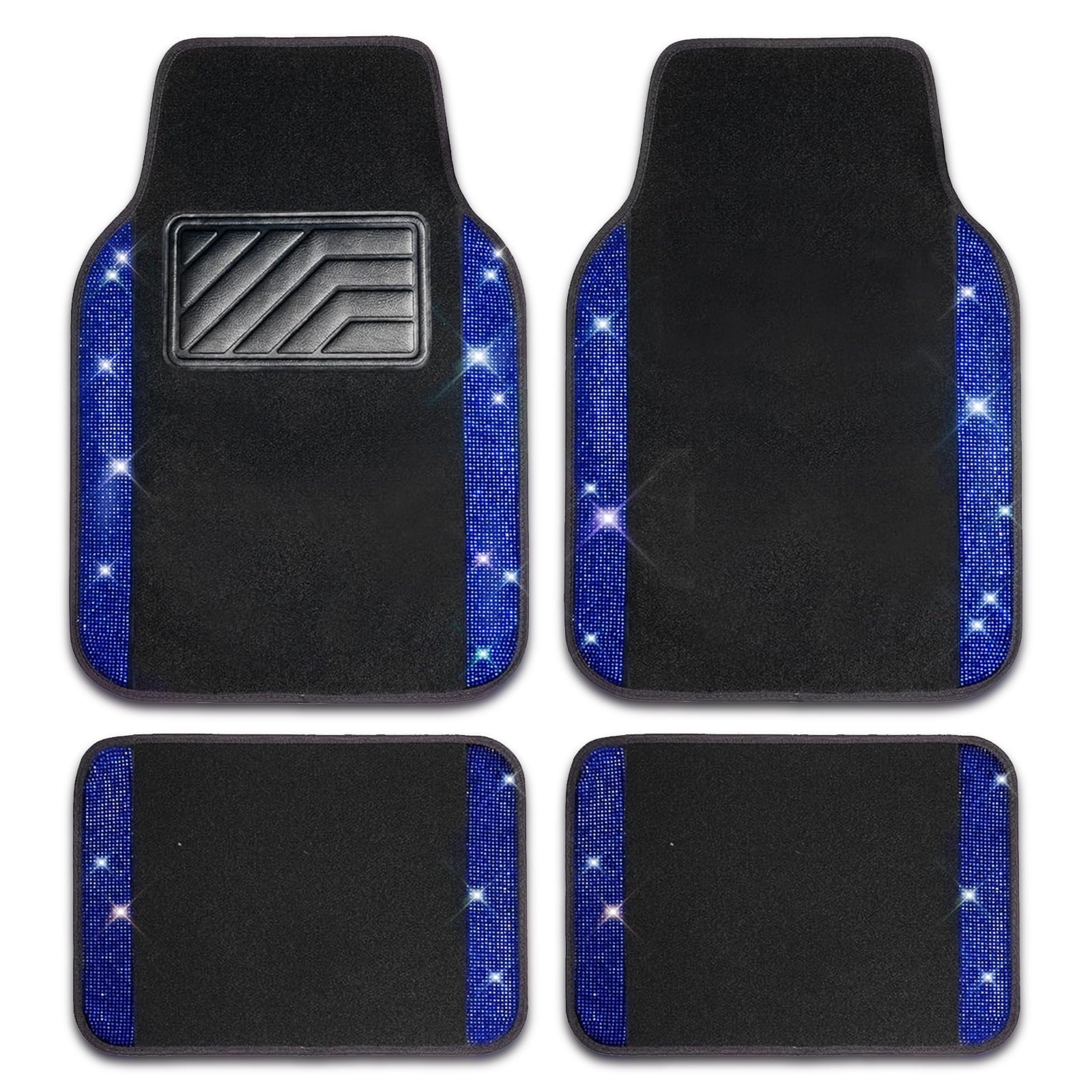 Car-Grand Bling Rhinestone Diamond car floor mats shining carpet sparkly glitter crytal with anti-slip heel waterproof universal fit cute girl women 4pcs Blue