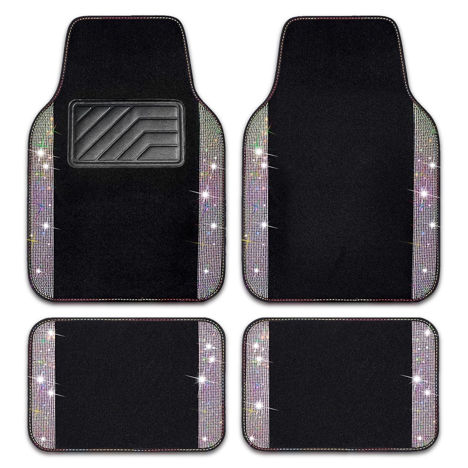 Car-Grand Bling Rhinestone Diamond car floor mats shining carpet sparkly glitter crytal with anti-slip heel waterproof universal fit cute girl women 4pcs Multi-color