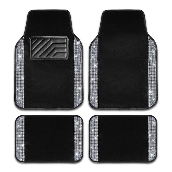 Car-Grand Bling Rhinestone Diamond car floor mats shining carpet sparkly glitter crytal with anti-slip heel waterproof universal fit cute girl women 4pcs Black silver