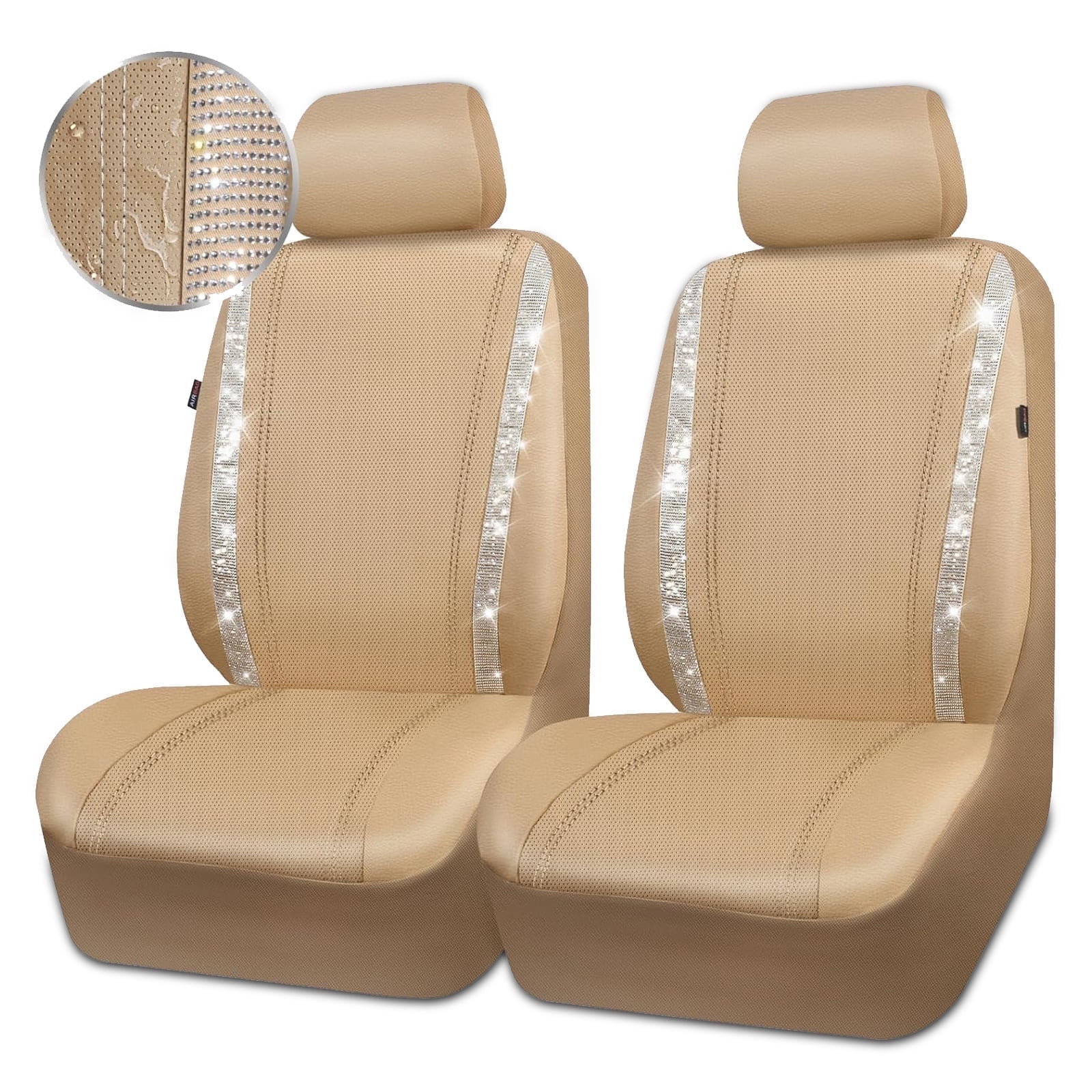 Car-Grand Bling diamond Rhinestone Leather car seat covers front pair shinning spark glitter crystal cute universal fit automotive glitter SUV truck sedan women girly All Beige