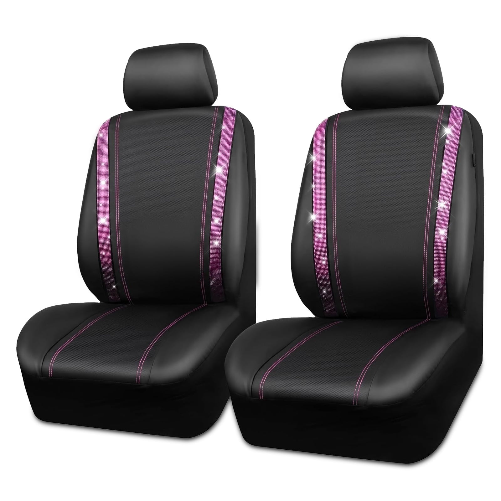 Car-Grand Bling diamond Rhinestone Leather car seat covers front pair shinning spark glitter crystal cute universal fit automotive glitter SUV truck sedan women girly Pink