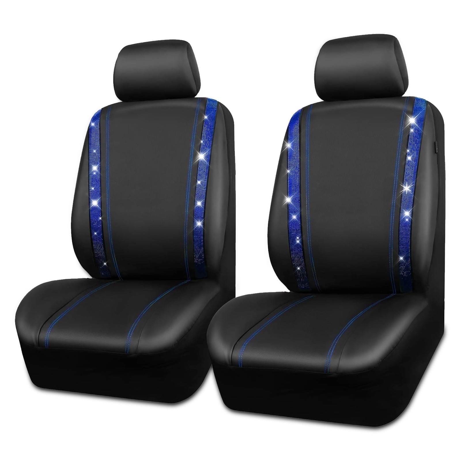 Car-Grand Bling diamond Rhinestone Leather car seat covers front pair shinning spark glitter crystal cute universal fit automotive glitter SUV truck sedan women girly Blue