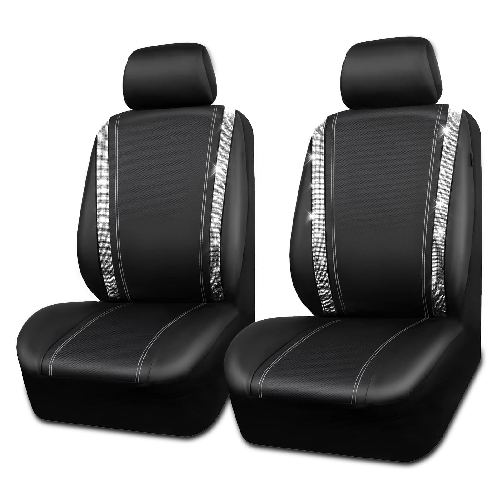 Car-Grand Bling diamond Rhinestone Leather car seat covers front pair shinning spark glitter crystal cute universal fit automotive glitter SUV truck sedan women girly Silver