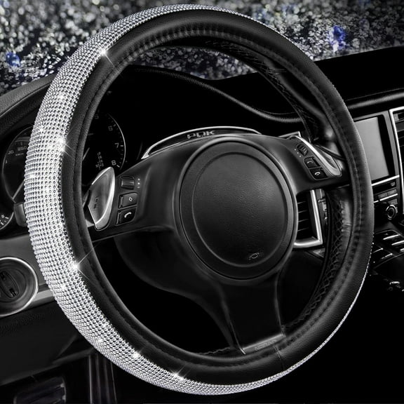 Car-Grand Bling diamond rhinestones leather steering wheel cover, sparkly crystal glitter universal fit 14.5-15inches car steering wheel protector for women girl SUV, VAN, SEDAN TRUCK silver