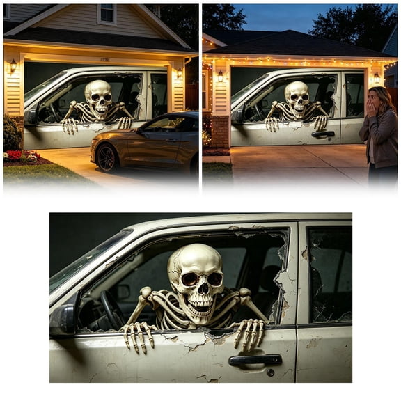 Car Halloween Decorations, Large Skeleton Window Decal Style Haunted Garage Decor with Weathered Car Design, Scary Skeleton Decor for Trick Or Treat Event Hosts, Halloween Themed