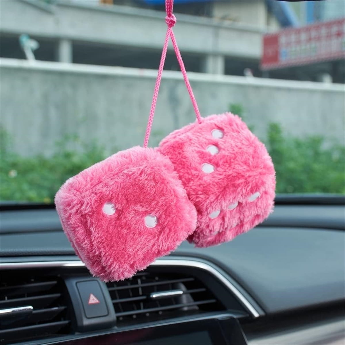 Pink fluffy dice for car discount