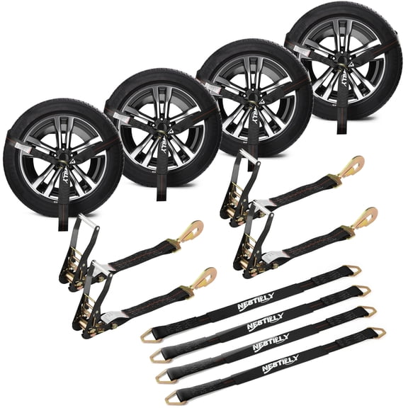 Car Hauler Wheel Tie Down Straps, 4 Pack 2" x 10' Heavy Duty Tire Lasso Ratchet Straps, 10,000 lbs Break Strength, Snap Hooks, Includes (4) 36" Axle Straps – UTV, Auto Transport, Trailer, Black