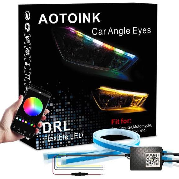 Car Headlight LED Strip, 24Inch RGB Multi Color Headlight Surface LED Daytime Running Lights Flexible DRL Tube Strip Sequential Neon Decorative Switchback Turn Signal Lights APP Contrl 2-Pack