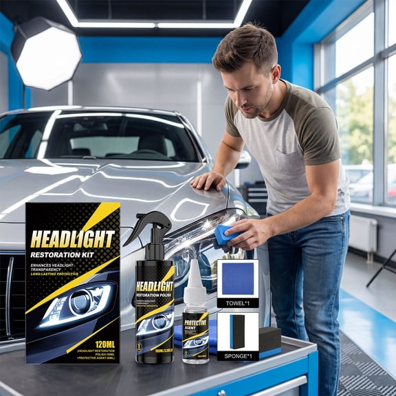 Car Headlight Repair Kit 120ml, Restores Yellowed and Blurred Lenses, Enhances Nighttime Lighting, UV Protective Coating, Long Lasting Clarity, Includes Sanding Pads and Activator