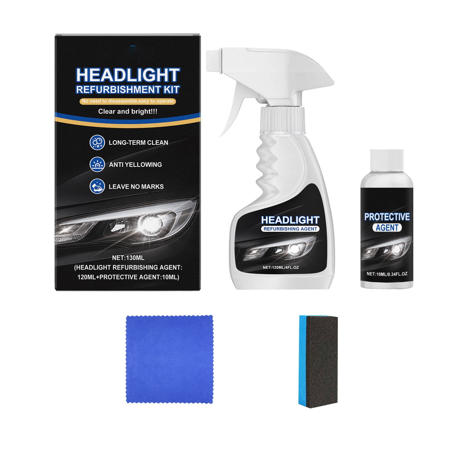 Car Headlight Restoration Kit - 3-Step Headlight Cleaner Spray & Oxidation Remover for Cars, DIY Lens Scratch Repair Renewal, No Tools Required for Foggy/Cloudy/Yellowed Headlights