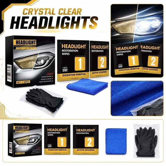 Car Headlight Restoration Kit, Car Headlight Cleaner, Headlight Cleaner and Restorer Kit with Car Wipes, Microfiber Cloth for Car, Protective Gloves, Full Set for Vehicle