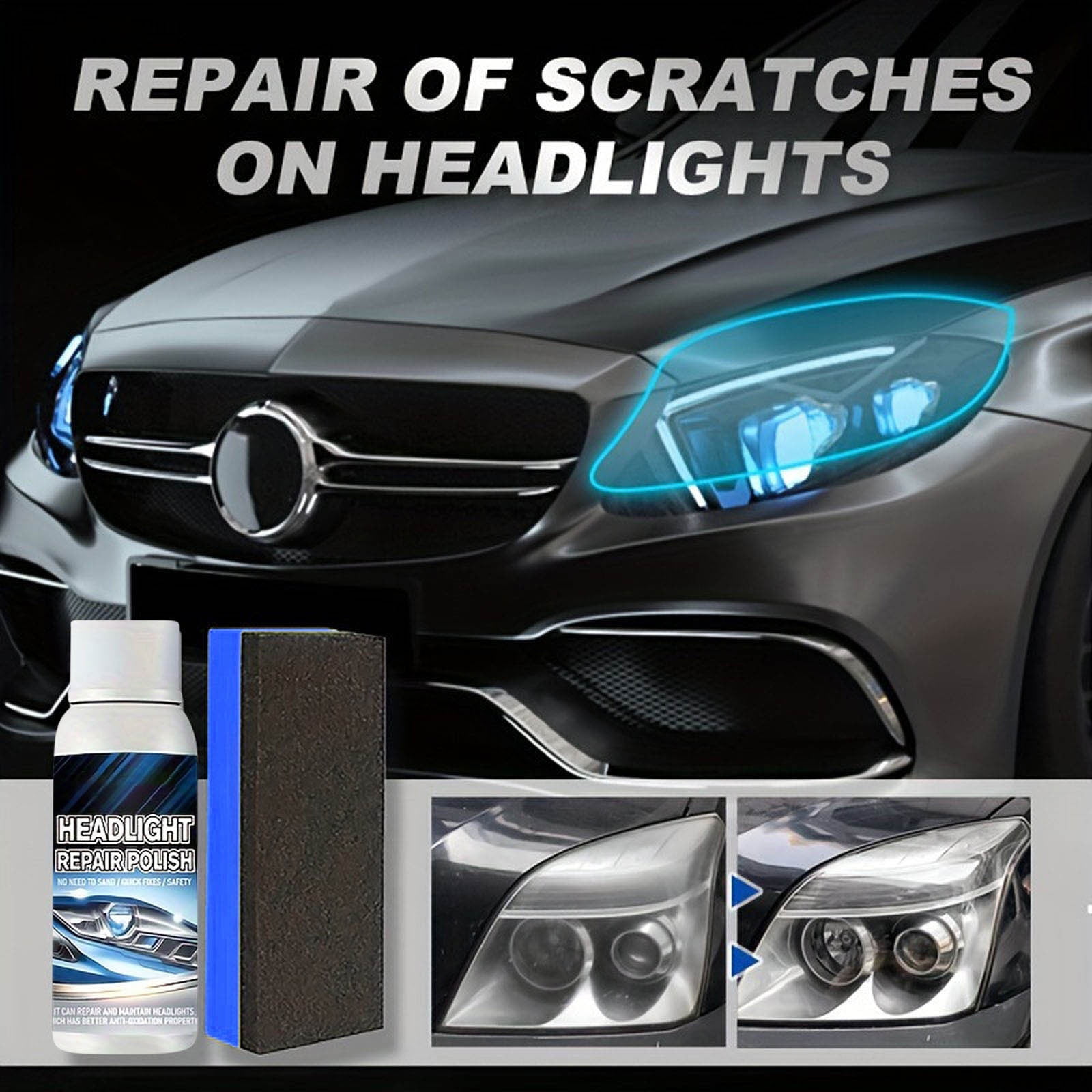 Car Headlight Restoration Kit, Headlight Lens Restorer Fluid, Sponge Brush for Headlights, Car Light Polisher Kit, 50ml Headlight Cleaner and Protector Solution