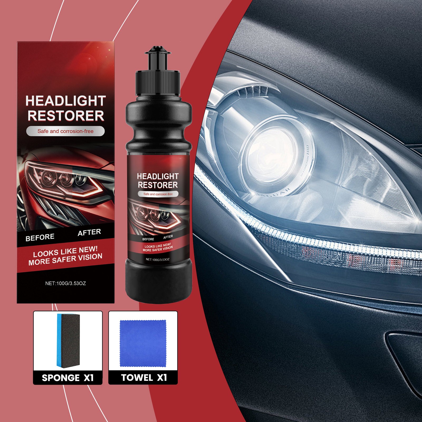 Car Headlight Restoration Kit: Pro Cleaner, Polish & Renewal Cream for Plastic Lens Haze Removal, UV Protection & Brightening Solution