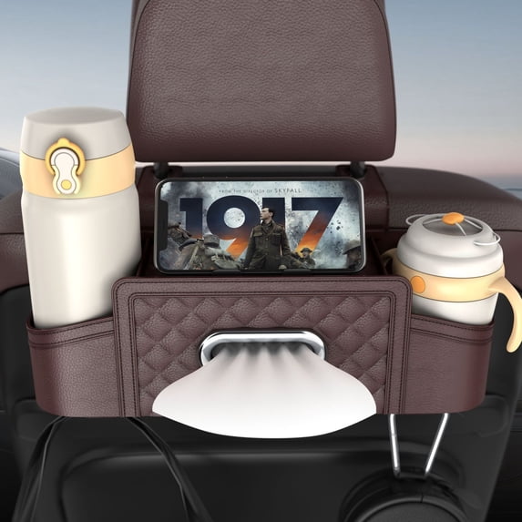 Car Headrest Backseat Organizer,Multifunctional Vehicle Seat Back Hanging Storage Box with Cup Holder and Hooks,Automotive Interior Headrest Storage Organizer,Universal Fit,Brown