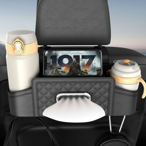 Car Headrest Backseat Organizer,Multifunctional Vehicle Seat Back Hanging Storage Box with Cup Holder and Hooks,Automotive Interior Headrest Storage Organizer,Universal Fit,Black