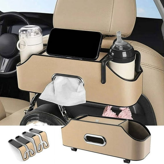Car Headrest Backseat Organizer with 2 Drink Cup Holder, Cell Phone Holders, Hooks and Tissue Box Accessories - Beige