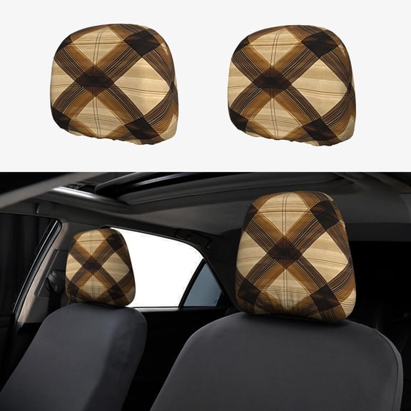 Car Headrest Cover 2 Pcs Soft Water Resistant Elastic Bottom Machine Washable Great Gift For New Car Owners Plaid Fall Camo Brown_2