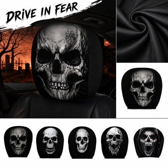 Car Headrest Cover, Halloween Car Decorations, Skull Car Accessories, Spooky Halloween Decor, 2 Pack 11X10 Inch Elastic Stretch Car Seat Headrest Protector with Skull Red Eye