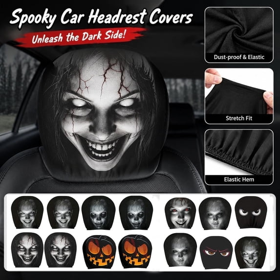 Car Headrest Cover Spooky Scary Design for Halloween Car Decorations Great Gift for Drivers Car Decorations Interior Set of 2 Polyester Fabric Trunk Or Treat Car Decorations