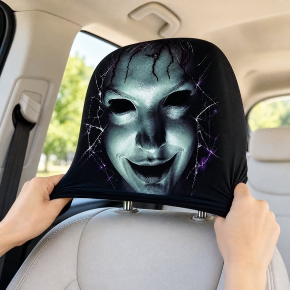 Car Headrest Covers 2 Pack, Stretch Fabric Halloween Automotive Headrest Pillow Protectors, Easy Install Universal Decorative Headrest Cases for Vehicle Interior Holiday Decor