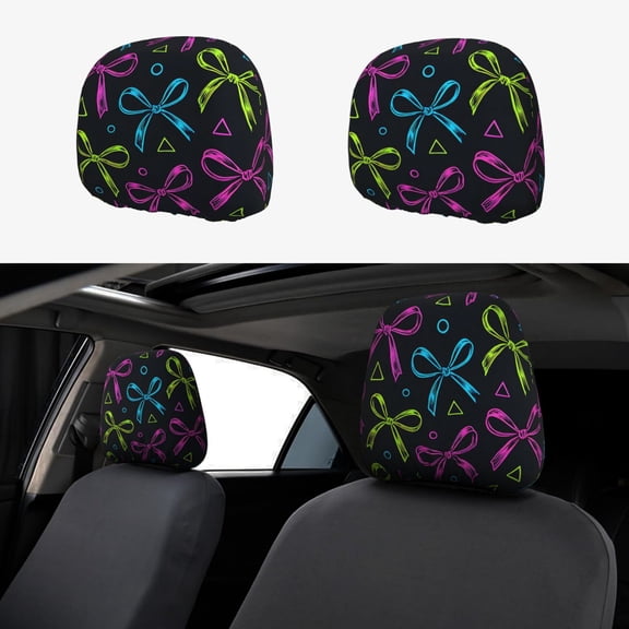 Car Headrest Covers 2pcs Full-Coverage Headrest Covers For Most Car Models Bold Thin Neon Contemporary Ribbon Bow Pattern